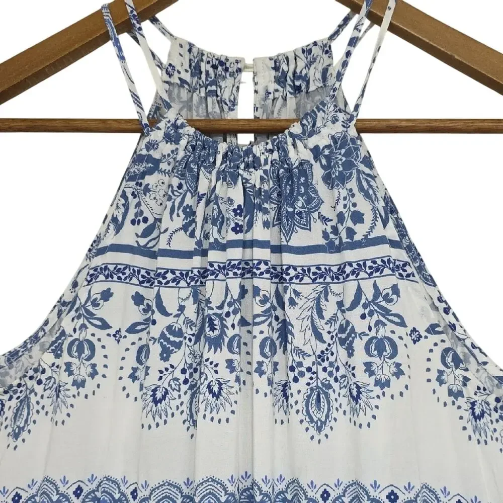 LOFT Womens Sz M Blue and White Dress Tiered Beachy BOHO Feminine Fairy Maxi